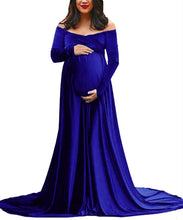 Load image into Gallery viewer, Maternity Dresses Gold Velvet Pregnant Sexy Photography Props  Shoulders V Collar Long Dress Maternity Dresses For Photo Shoot